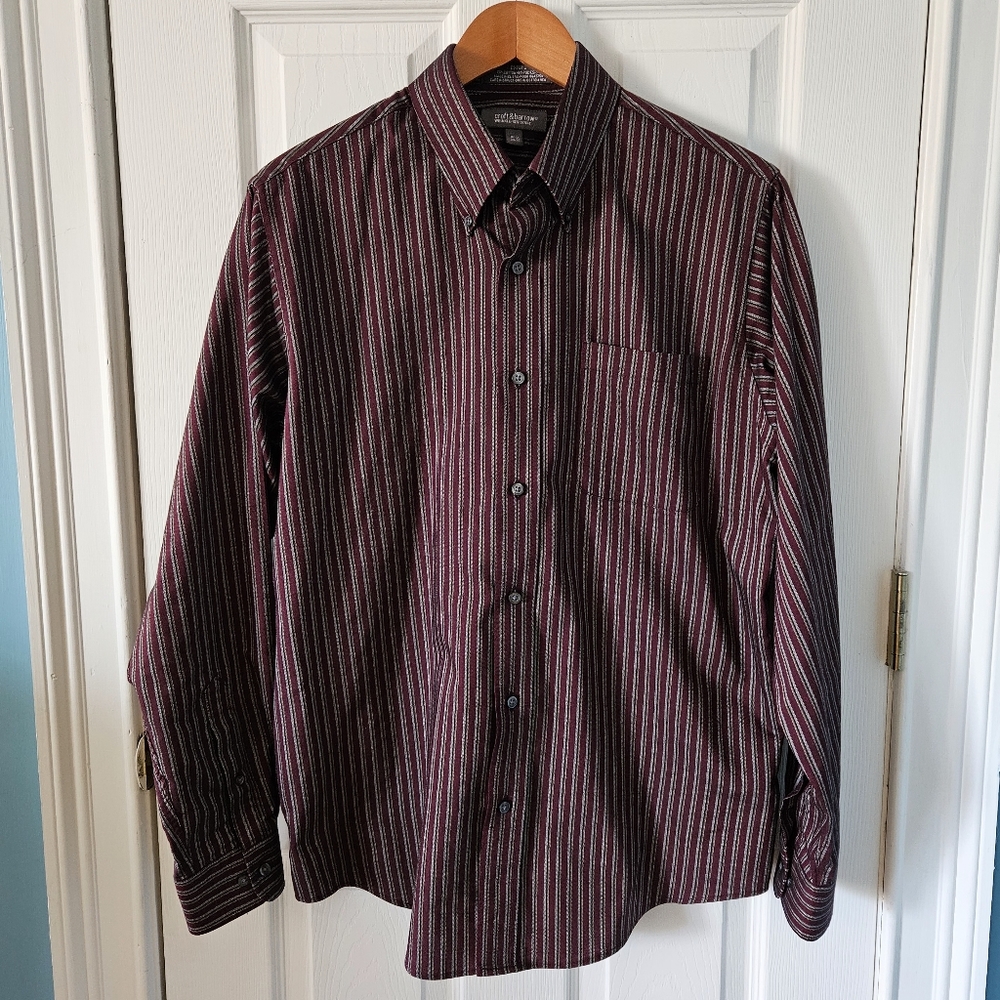 📌3for$10 Croft & Barrow Shirt Mens Easy Care Button Up Red Striped Long Sleeve